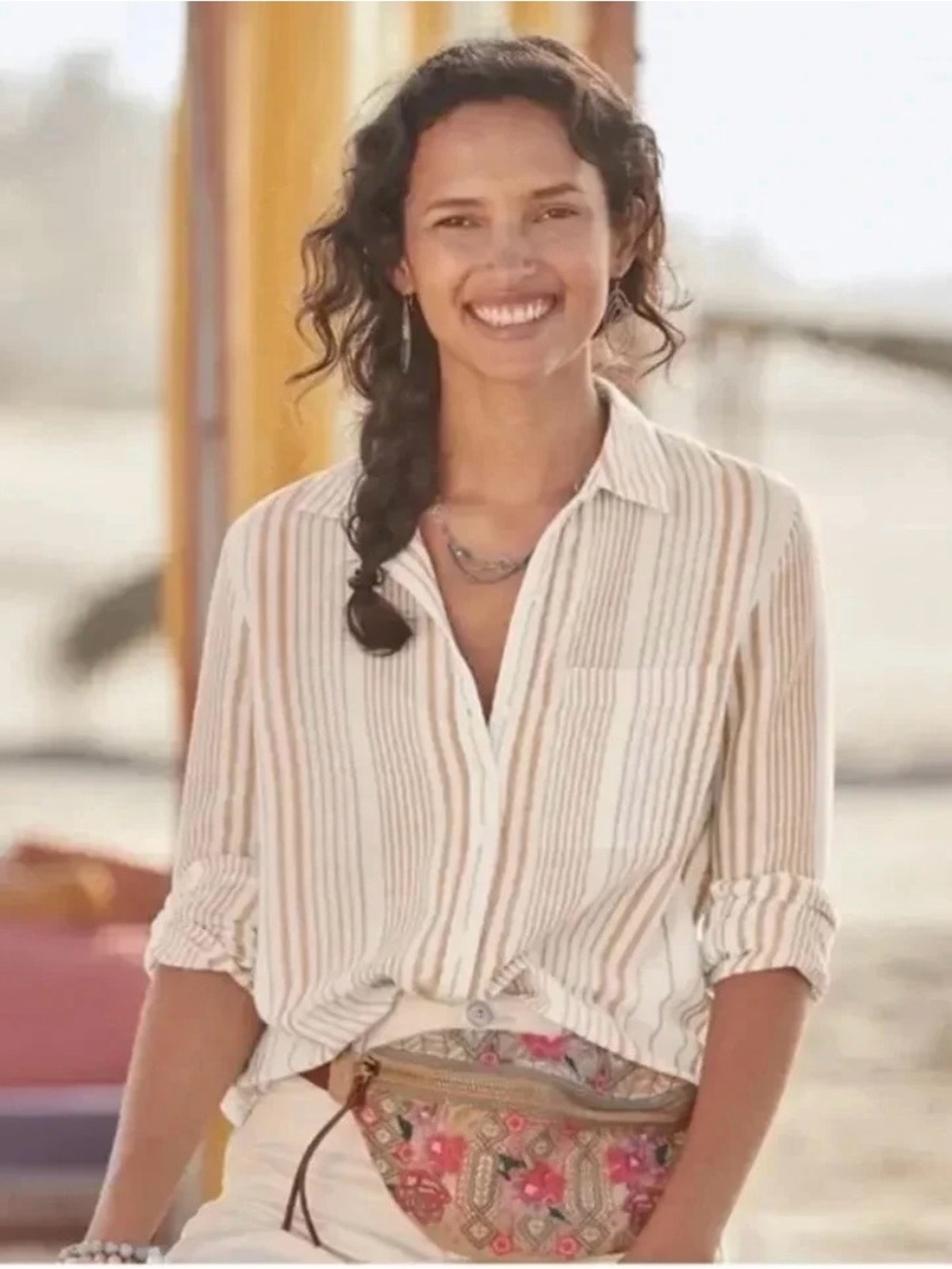 Sundance Catalog Women's Create Beauty Cream Striped Button Up Shirt Size XL
